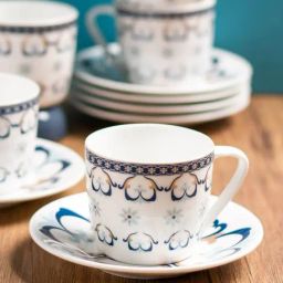 Clay Craft Printed Blue Colour Fine Ceramic Cup Saucer Set of 12 (6 Cup 200ml-6 Saucer 210ml)-77