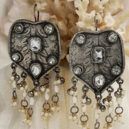 Moedbuille Crystal & Pearl Studded Afghan Design Silver-Plated Handcrafted Tassel Dangler Earrings-20