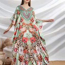 LABEL AARNA Emerald Majesty Soft Satin Women Kaftan with Rhinestones-11