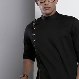 The Indian Garage Co Men Black Cotton Solid Asymmetric Kurta-picture-58