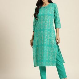 Sangria Women Sea Green Ethnic Motifs Printed Pure Cotton Kurta with Trousers-image-28