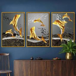 Art Street Gold Engineered Wood Modern Canvas Sea Dolphin Painting For Wall Art - Set of 3-2