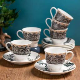 Clay Craft Printed Colour Black Line Fine Ceramic Cup Saucer Set of 12 ( 6 Cups + 6 Saucers) - 180 ml each-17