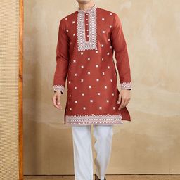 Inddus Men Ethnic Motifs Embroidered Kurta with Trousers-image-53