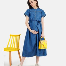 KOI Solid Print Half Sleeves Drawstring Closure Maternity Dress - Dark Blue-34