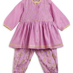 Tiber Taber Full Sleeves Chanderi Embroidered Angrakha Kurta With Floral Foil Print Salwar - Purple-image-74
