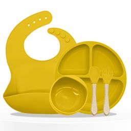 Bembika Baby Dinner Set Silicone Tableware Set With Bib For Baby Infant Pack Of 5  Yellow-21