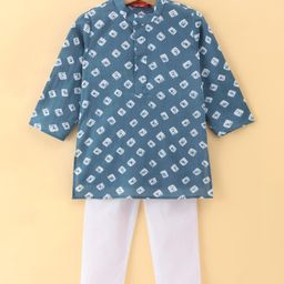 Exclusive from Jaipur Cotton Woven Full Sleeves Bandhani Print Kurta Pyjama Set-Grey & Off White-image-49