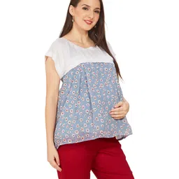 Mom for sure by Ketki Dalal Half Sleeves Floral Printed Maternity Top With Concealed Zipper Nursing Access - Blue-picture-8