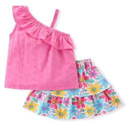 Babyhug 100% Cotton Knit Schiffili Sleeves Top & Skirt With Floral Print - Pink & Blue-image-20