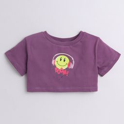 Aww Hunnie Cotton Jersey Half Sleeves Smiley Emoji Printed Crop Top - Purple-image-86