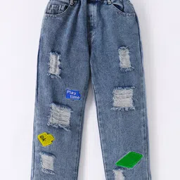 Kookie Kids Full Length Distressed & Patched Detailing Denim Jeans - Blue-picture-35