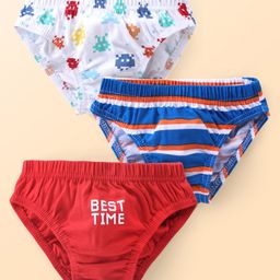 Babyhug 100% Cotton Antibacterial Briefs With Stripes & Robotic Print Pack of 3 - Blue White & Red-image-41