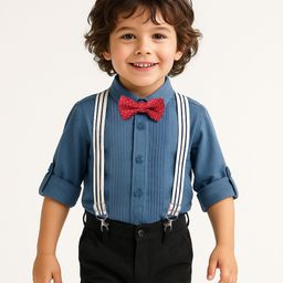 Mark & Mia Full Sleeves Solid Colour Party Shirt with Bow  Suspender & Pintuck Detailing  - Navy Blue-image-67