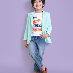 Babyhug Woven Full Sleeves Text Printed T-Shirt & Jeans Set with Blazer - Turquoise-image-56