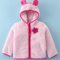 Kookie Kids Full Sleeves Fur jacket With Hood & Floral Applique -Pink-image-51