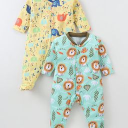 OHMS Single Jersey Knit Full Sleeves Animal Printed Sleep Suits Pack of 2 - Yellow & Light Blue-image-68