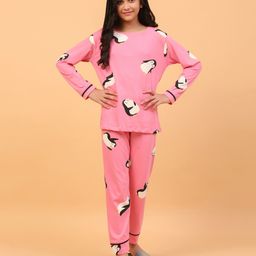 Ninos Dreams 100% Cotton Knit Full Sleeves Penguin Printed Coordinating Night Suit - Pink-image-75