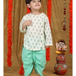 Polka Tots Cotton Full Sleeves Floral Printed Kurta With Dhoti - Aqua Blue-image-73