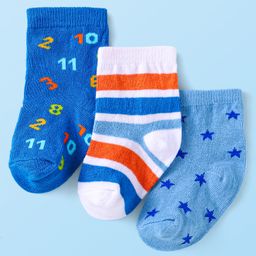 Cute Walk by Babyhug Cotton Lycra Knit Anti-bacterial Socks Strips Stars & Numeric Design Pack of 3 - Blue White & Light Blue-image-80