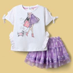 ToffyHouse Knit Half Sleeves Top & Skirt Set With Polka Dot Print & Applique - White & Purple-image-70