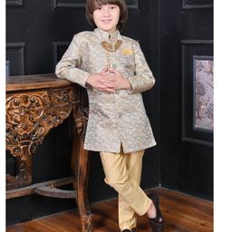 Ahhaaaa Jacquard Full Sleeves Floral Foil Printed Indo Western Sherwani & Pant Set - Gold-image-25