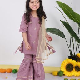 Kinder Kids Cotton Three Fourth Sleeves Sequin Embellished & Embroidered Kurta With Sharara & Dupatta - Purple-image-15