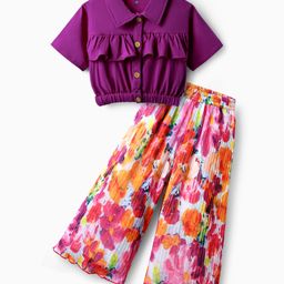 OLLINGTON ST. Cotton Half Sleeves Top & Floral Printed Pleated Georgette Culottes - Purple-image-7
