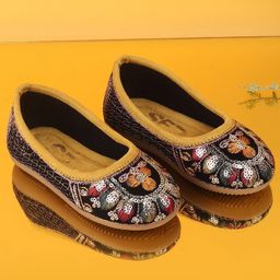 SHOES FOR JUNIORS Floral Embroidered & Sequins Embellished Ballerinas - Mustard-image-39