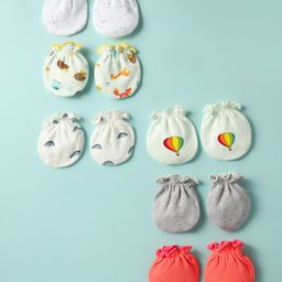 Ben Benny 100% Cotton Interlock Knit Mittens with Animal Print Pack of 6 - White Red & Grey-12
