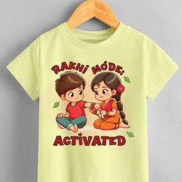 KNITROOT Cotton Lycra Knit Raksha Bandhan Theme Half Sleeves Rakhi Mode Activated Text Printed Tee - Yellow-image-28