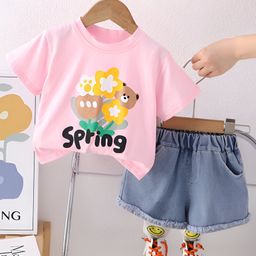 Googo Gaaga Cotton Woven Half Sleeves Spring Text Printed Tee & Shorts Set - Pink-picture-6