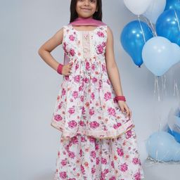 Little Bansi Muslin Woven Sleeveless Garden Rose Printed Kurti With Sharara & Dupatta - Cream-picture-7
