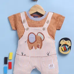 Jb Club Cotton Knit Striped & Elephant Embroidered Dungaree With Half Sleeves Tee - Brown-picture-40