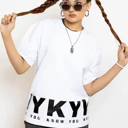 FIBONACCI Women Typography Printed Round Neck Cotton Oversized T-shirt-image-27