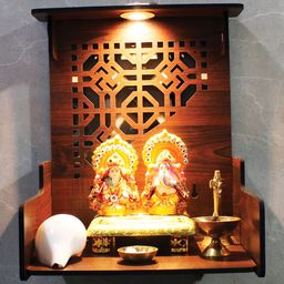 RANDOM Brown Wall Mounted Wooden Home Temple With Storage & LED Light-23