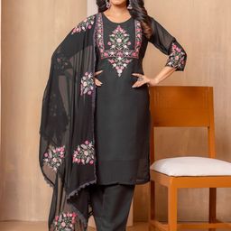 KALINI Ethnic Motifs Embroidered Round Neck Straight Kurta With Trouser & Dupatta-image-58