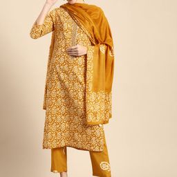 Anouk Mustard Yellow & Off White Paisley Mirror Cotton Straight Kurta Trousers Dupatta-image-30