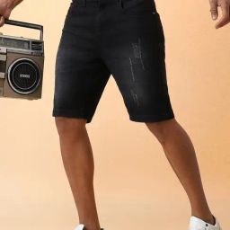 Campus Sutra Black Regular Fit Distressed Denim Shorts-image-96