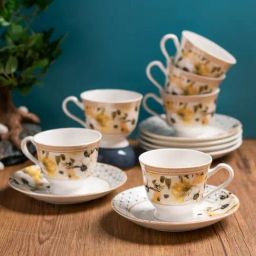 Clay Craft Printed Colour Yellow Line Fine Ceramic Cup Saucer Set of 12 ( 6 Cups + 6 Saucers) - 180 ml each-70