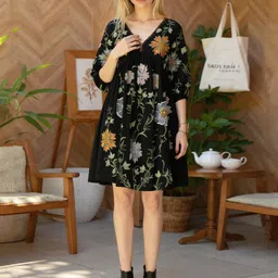 ZUMMER Women Floral Embroidered Puff Sleeve Pure Cotton Empire Dress-picture-39