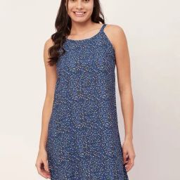 Moomaya Blue Floral Print Night Dress-image-3