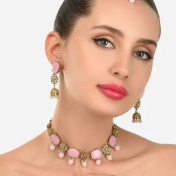 Zaveri Pearls Pink & Green Floral Design Necklace Earring Maangtikka & Ring Set-ZPFK12182-42