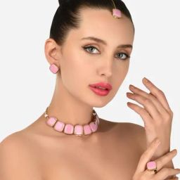 Zaveri Pearls Pink Stones Embellished Necklace Earring Maangtikka & Ring Set-ZPFK12183-21