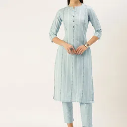 DIVASTRI Striped Notch Neck Jacquard Straight Kurta With Trousers-image-24