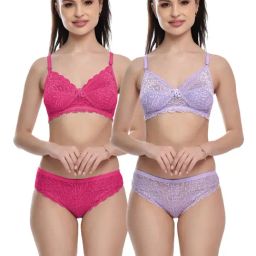FIMS Purple & Pink Lace Work Bra Panty Sets - Pack Of 2-24