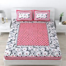 Living Roots Jaipuri Pink & Grey 210 TC Cotton Queen Bed Sheet with 2 Pillow Covers-image-82