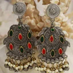 Moedbuille Crystal Ghungroo & Pearl Studded Antique Design Silver-Plated Dangler Earrings-22