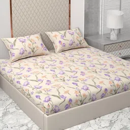 Star Weaves Cream & Purple Printed Cotton 350 TC Fitted King Bedsheet Set-1.82 m x 1.82 m-18