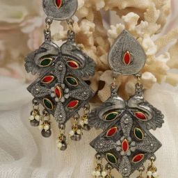Moedbuille Crystal Ghungroo & Pearl Studded Antique Design Silver-Plated Tassel Dangler Earrings-19